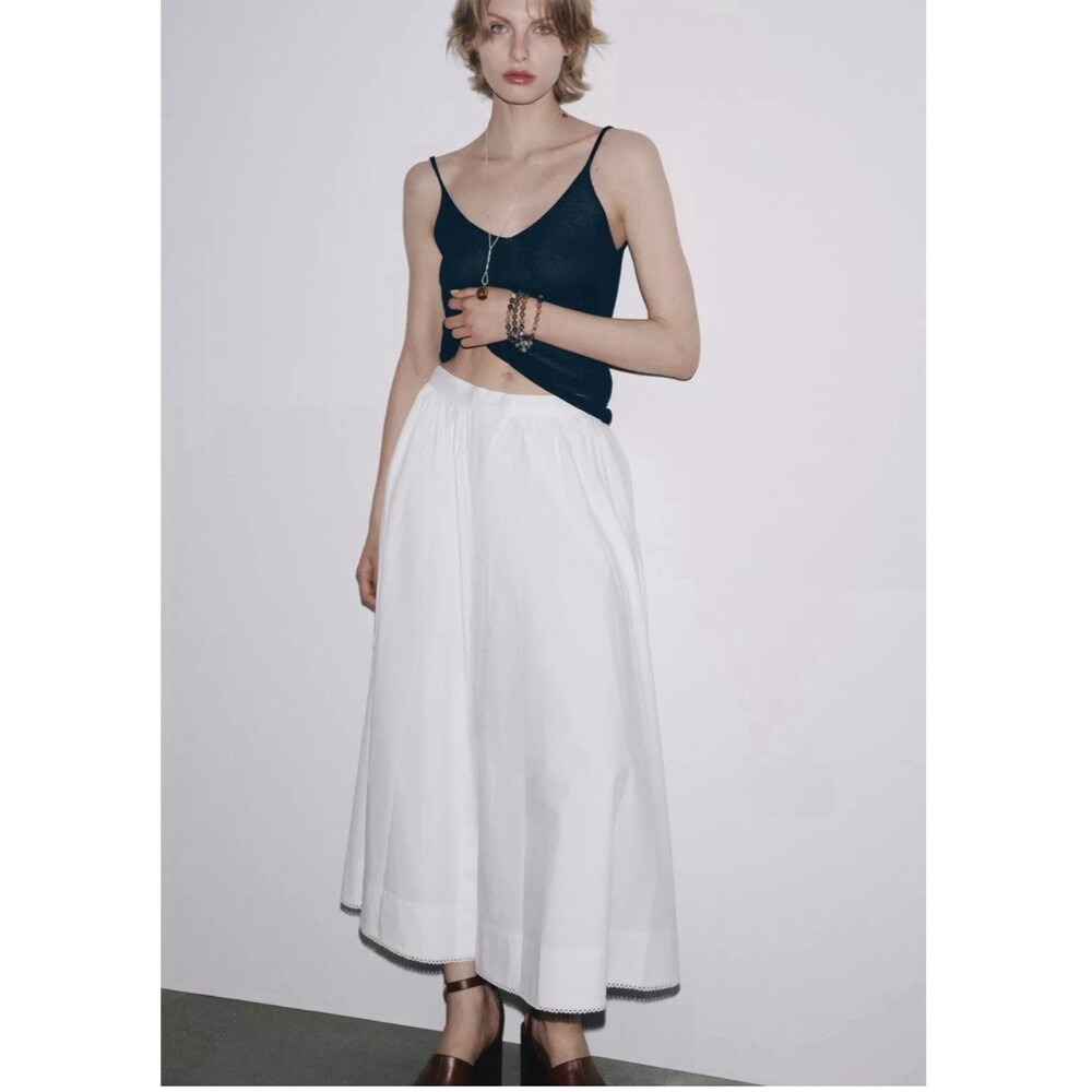 Zara 100% Cotton Poplin Midi Skirt Sz XS White - Picture 3 of 11